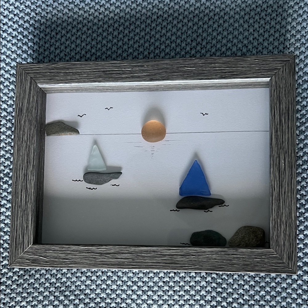 Framed Nautical Art with Blue and White Sailboats